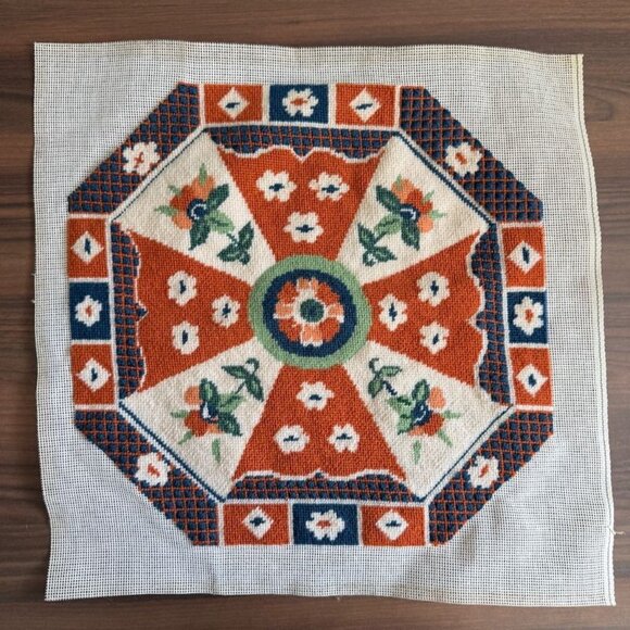 Vintage European Needlepoint Folk Art Flowers  Octagon 14.5 x 15" Unframed - Picture 1 of 9